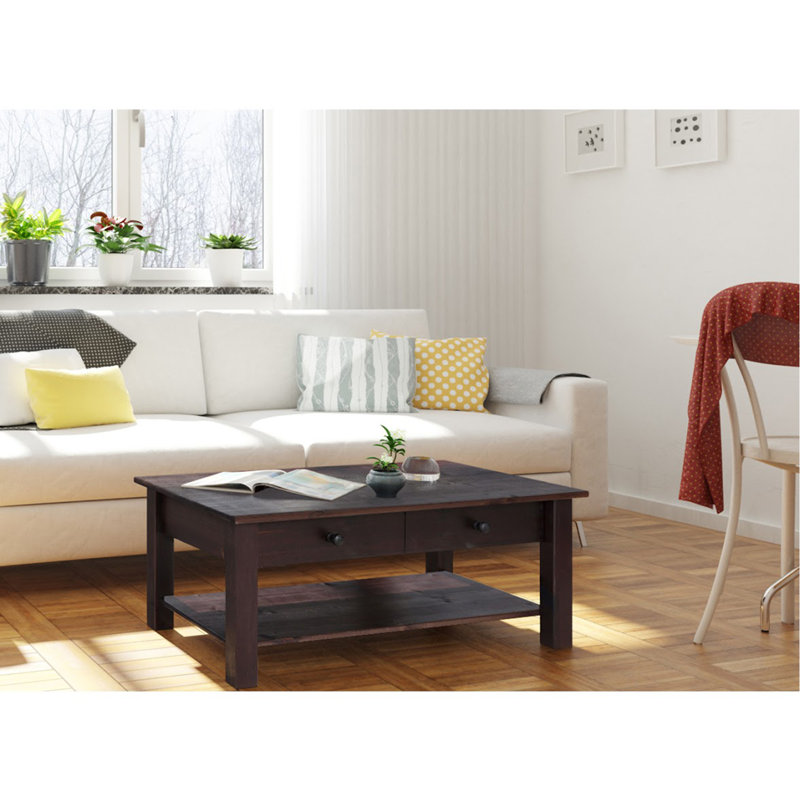 Alaine Solid Wood Four Leg Coffee Table with Storage, Brown
