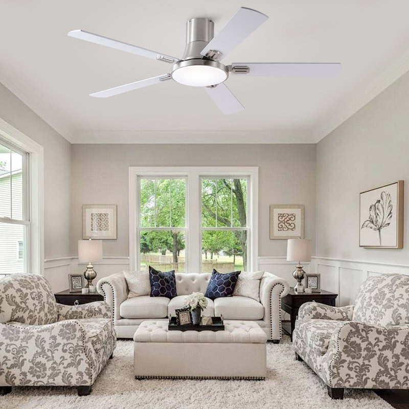 52-Inch Sliver Flush Mount Ceiling Fan Light with Remote&Wall Control,5 Reversible Blades with Dimmable LED 3CCT,6 Speed,Timer for Bedroom,Living Room,Patio,Balcony.