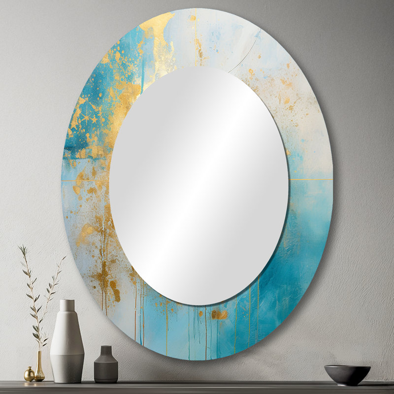 Divine mandala délicat or délicat turquoise V - décor de miroir mural ovale doré, 43 po x 33 po