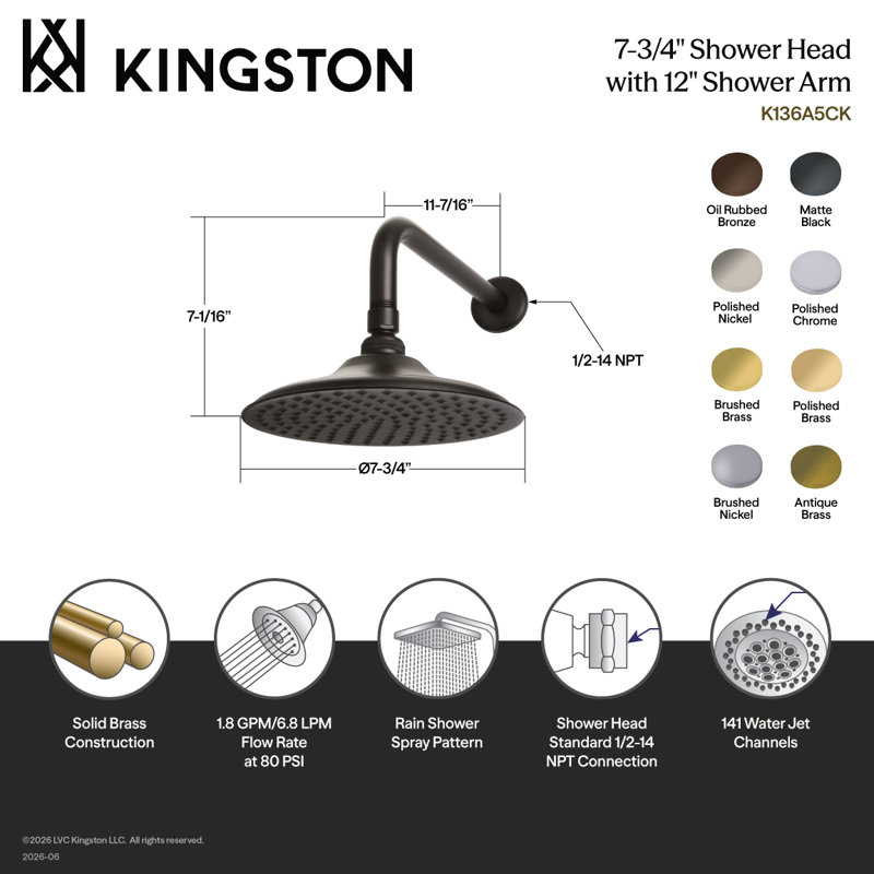 Kingston Brass Shower Scape 7-3/4-Inch Round Raindrop Brass Shower Head with 12-Inch Shower Arm, Brushed Nickel