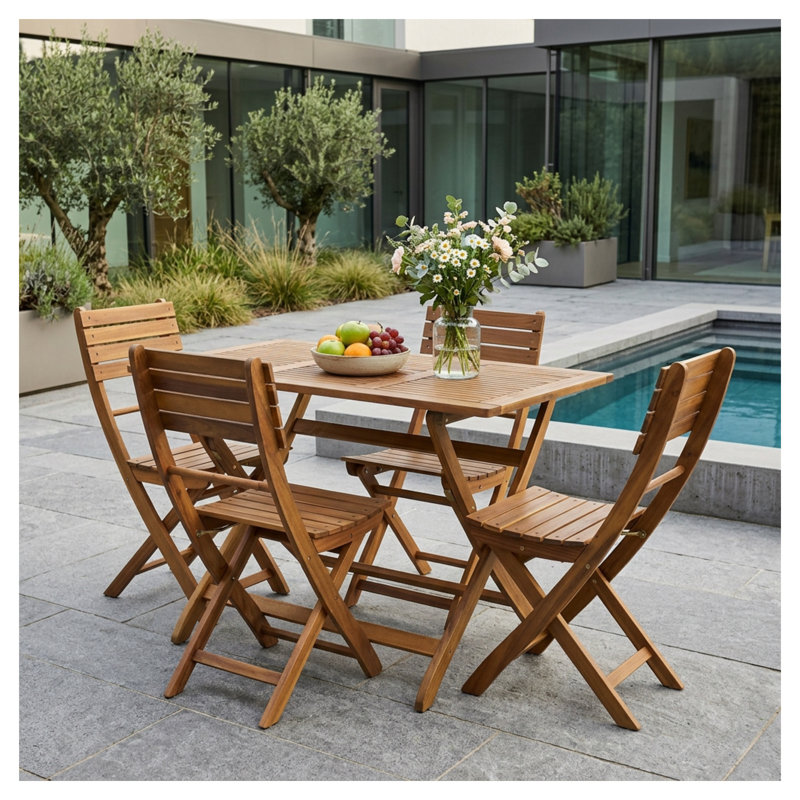 Ensemble repas d'extérieur 5 pièces en bois d'acacia naturel avec table pliante et 4 chaises, Brown