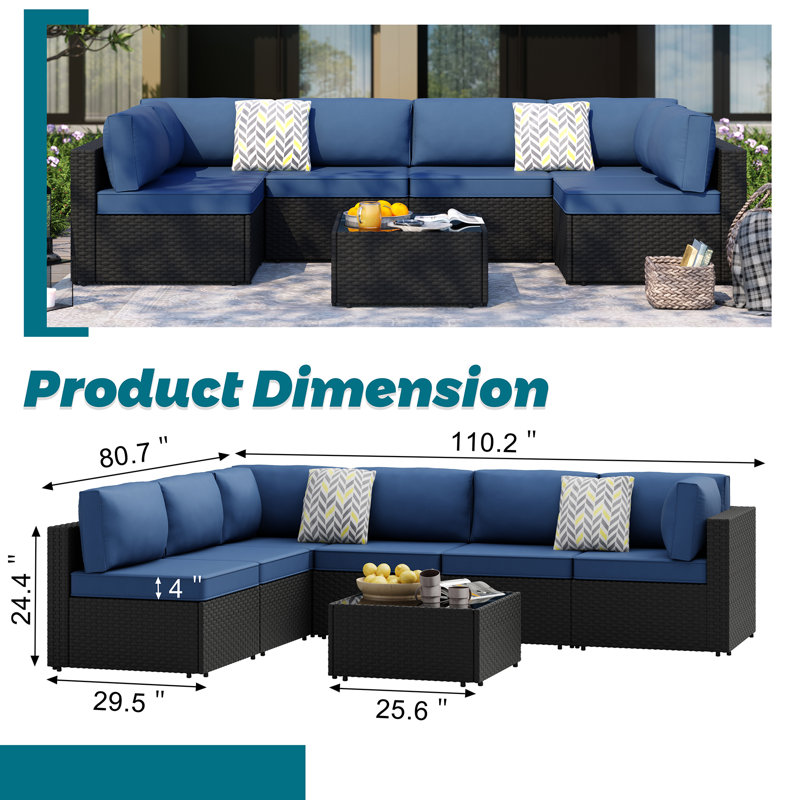 Ensemble de conversation d'extérieur en rotin avec coussins 7 pièces Knights, Bleu marine