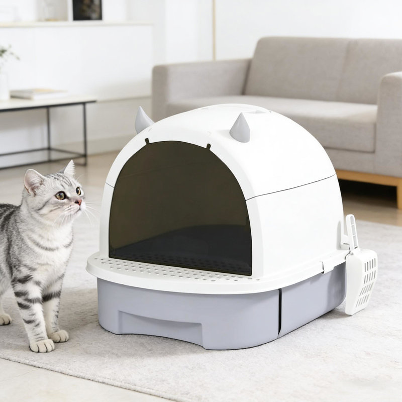 Bac à litière facile à entretenir avec rabat translucide, sacs contenant des odeurs, pédale de rétention et structure portative, gris, polypropylène, pour les chats de petite taille