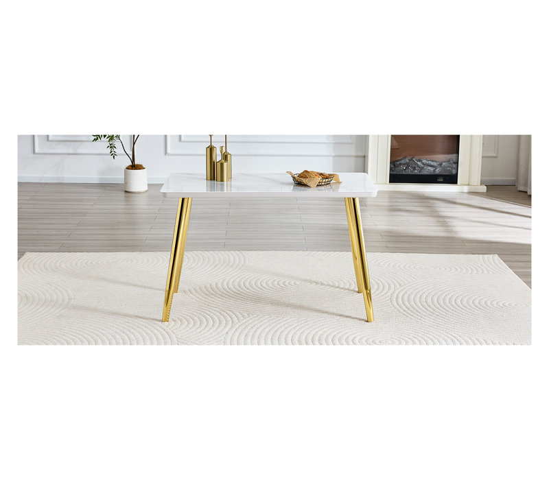 Table de salle à manger moderne en faux marbre avec pieds dorés - Table de cuisine rectangulaire en verre trempé, Doré