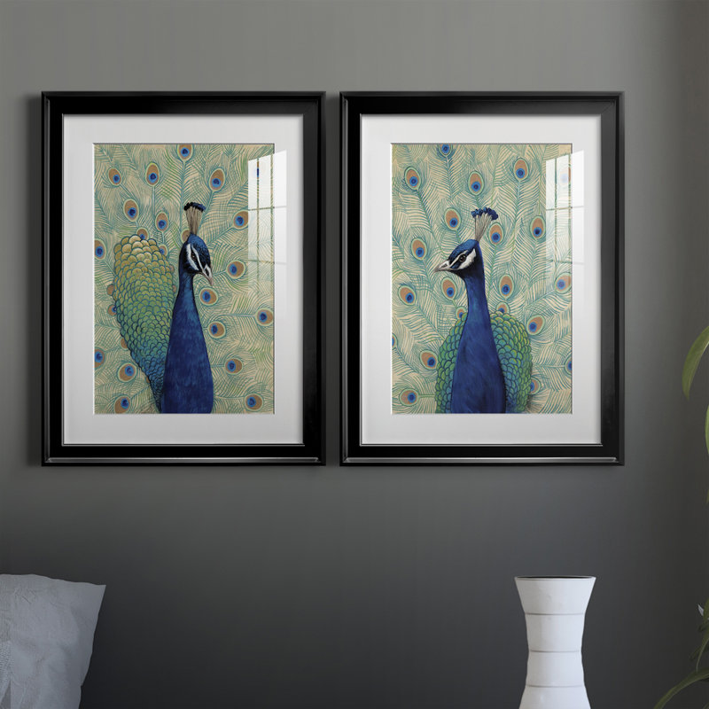 «Blue Peacock I», reproduction encadrée de qualité supérieure - prête à être accrochée, Cadre noir