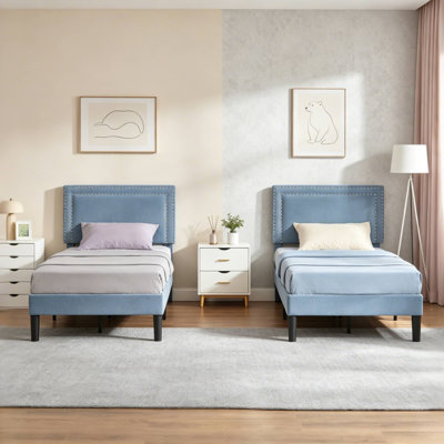 Aldora 2 Pack Light Blue Twin Upholstered Platform Bed Frame with Tufted Adjustable Headboard,Noise-Free Twin Size Bed with 8 Inch Under-Bed Storage