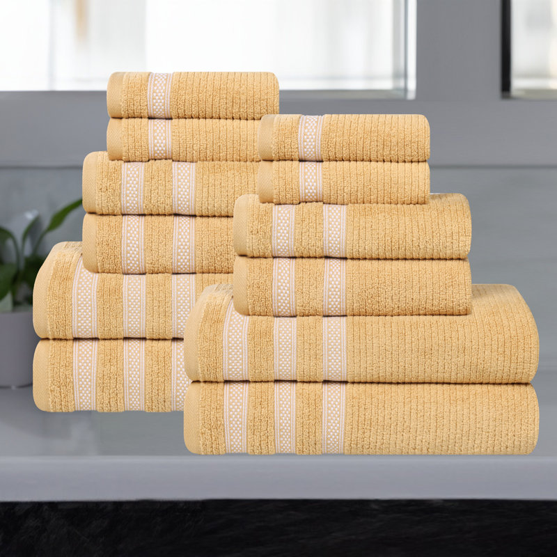 Ensemble de serviettes de bain 12 pièces à bordure géométrique en coton doux et très absorbant Orletta, Gold