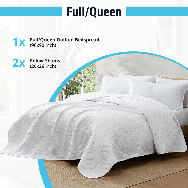 HLC.ME Logan - 3 Piece Quilt Set, Lightweight Bedspread Coverlet Set, Queen Quilt + 2 Standard Shams, White