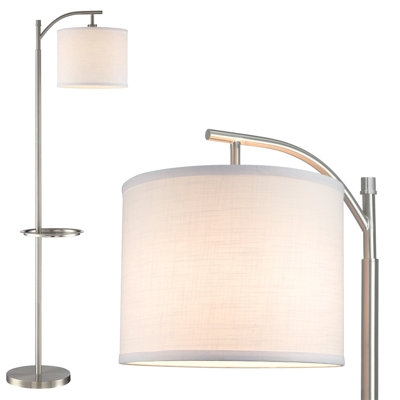 Latitude Run® Irram 63 Minimalist Tray Table LED Floor Lamp (7W LED, Energy Efficient / Eco-Friendly) + White Shade - Modern Standing Arc Light With Hanging Lamp Shade, Brushed Nickel Finish
