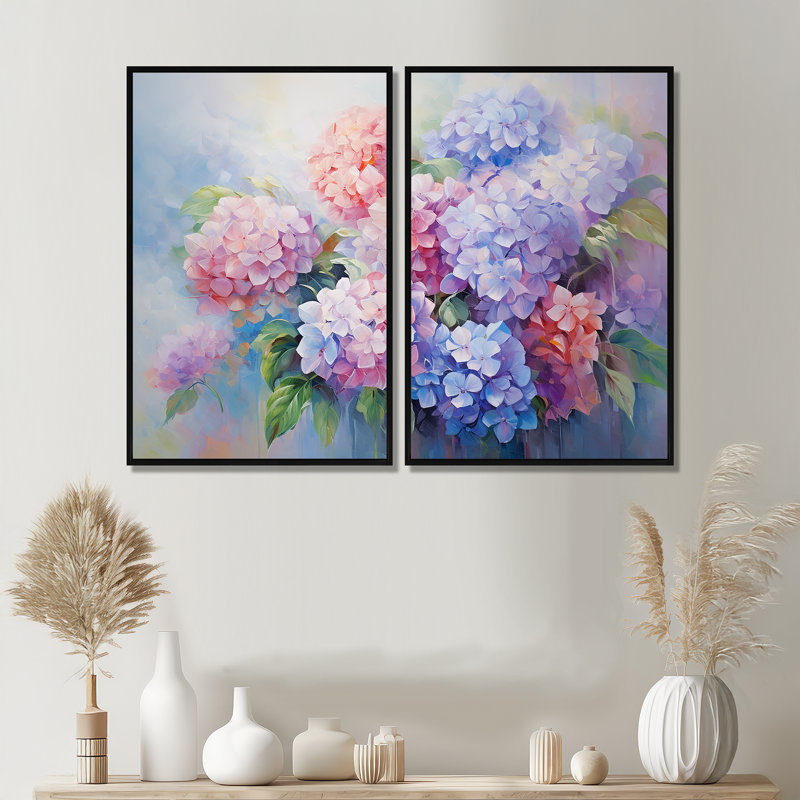 Impression romantique sur toile mauve, hydrangées roses et mauves, H 36 po x l 48 po, Cadre flottant, Noir