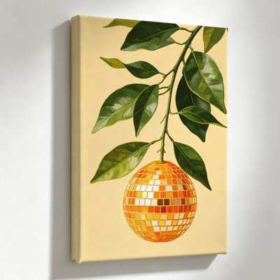 Orange Disco Ball Fruit Graphic Art Canvas Wall Art, 24" x 36" Gallery Wrapped Canvas Print, Orange & Silver Fruit Wall Decor for Kitchen, Dining Room & Bar