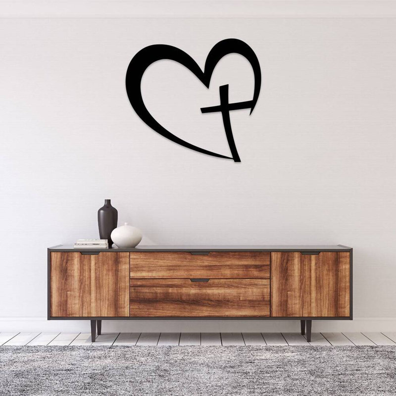 Art mural en forme de cœur en forme de croix - symbole de l'amour chrétien - décoration inspirée de la foi - décoration spirituelle pour la maison - décoration murale de l'église - sculpture en métal industrielle rustique - œuvre d'art élégante