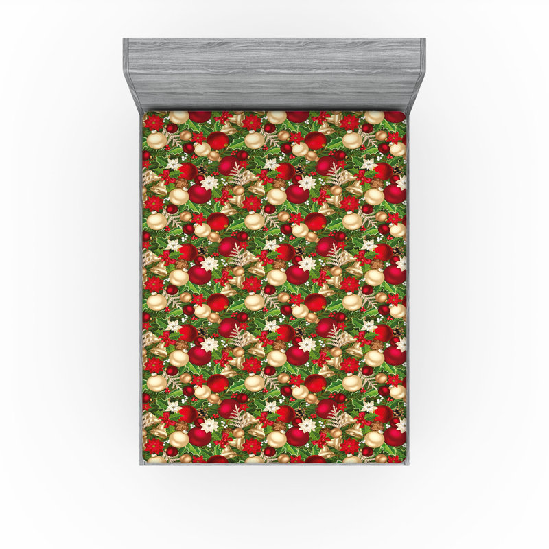 Ambesonne Christmas Fitted Sheet 2-Pack Tree Branches Bells, Queen Fitted Sheet, Multicolor Floral
