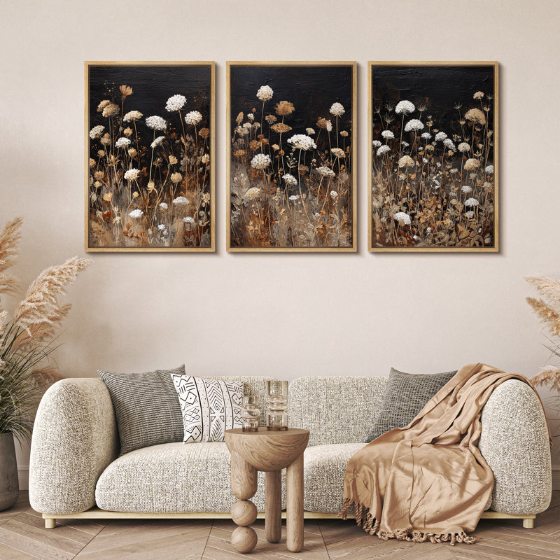 Neutral Botanical Meadow with White and Brown Wild Blooms – Pictures Framed Canvas Print 3 Pieces Wall Art, Natural Frame