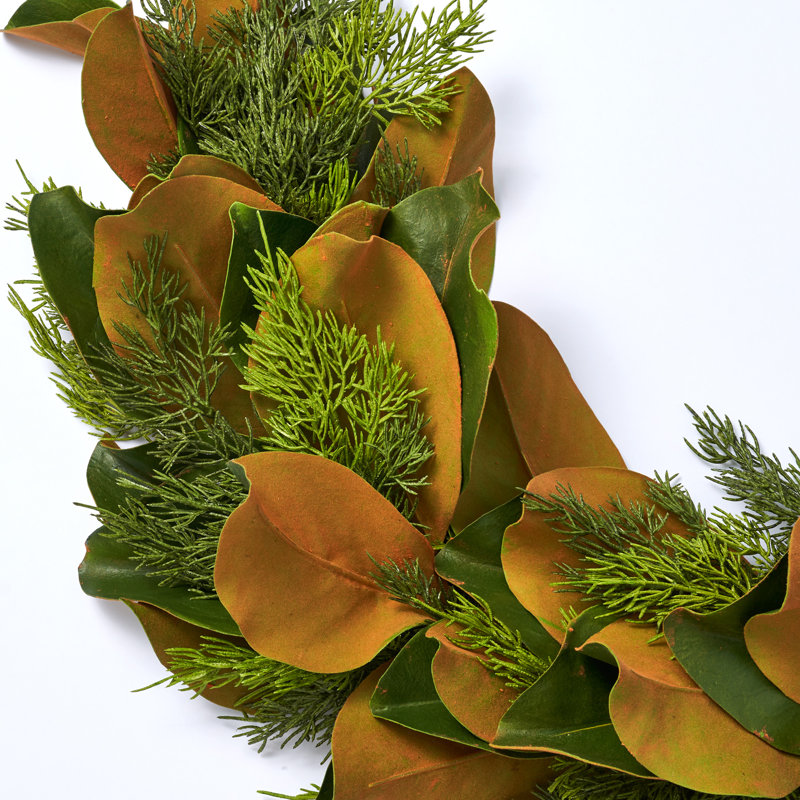 Real Touch Magnolia Leaf & Faux Cedar Winter Greenery Garland Table Runner, 5' L