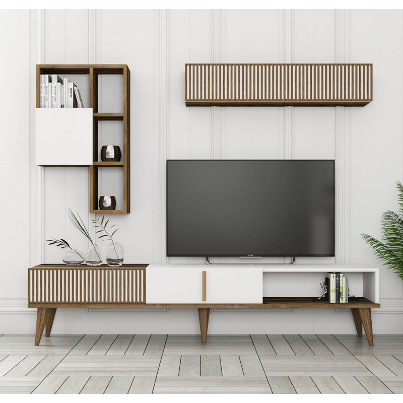 Modern TV Unit with Wall Shelf, Walnut & Cream, 70.9 x 15.7 x 13.8 inches | 100% Melamine Coated Particle Board, Thickness: 0.7 inches | Multiple Shelves for Storage & Display, Plastic Legs, Scandinavian Design