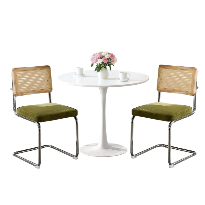 Space Saving 24 Inch Round Dining Set, 3-piece Table With Rattan Back Chairs, White, Olive Green