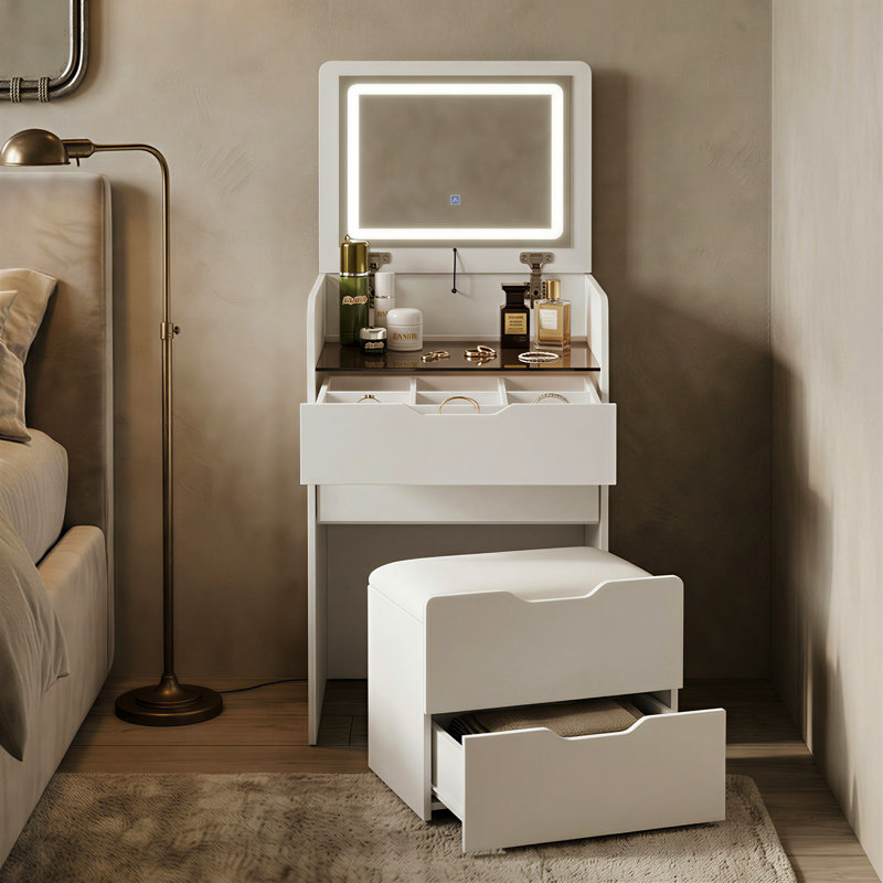 3 In 1 Vanity Desk With Flip Top Mirror And Comfortable Bench
