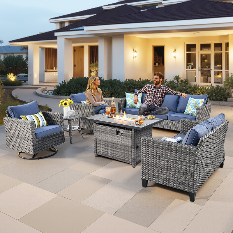 Harbin Wicker Rattan 7 - Person Outdoor Seating Group with Cushions with Fire Pit Table with Swivel Rocking Chairs, Blue