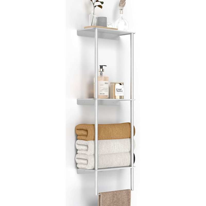Porte-serviettes mural à 3 niveaux avec tablette et barre à serviettes - Organisateur de rangement de salle de bain peu encombrant