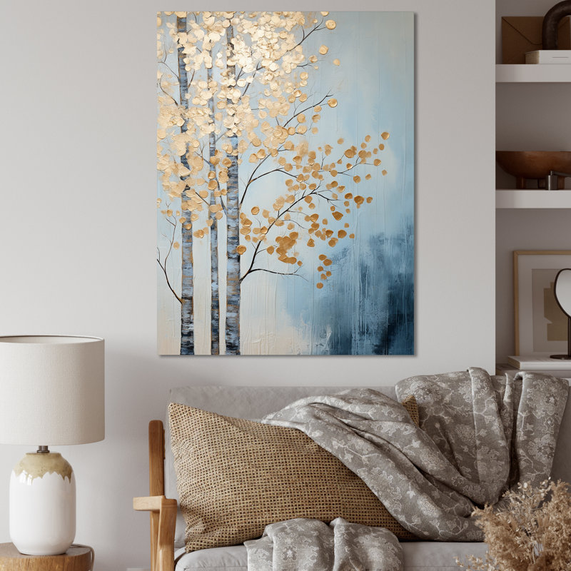 Minimalisme, scène d'arbres dorés et bleus V, reproduction sur toile, Toile tendue, H 40 po x l 30 po x P 1,5 po