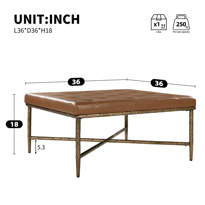 Table basse ottomane carrée capitonnée de 91 cm avec piètement en métal martelé