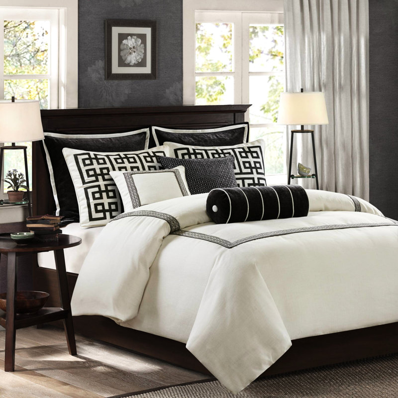 Literie pour grand lit 8 pièces de luxe, édredon en microfibre moelleuse, housse amovible, taies décoratives assorties et coussins décoratifs - style couette, design classique moderne, surdimensionné pour plus de commodité, confort toutes saisons,