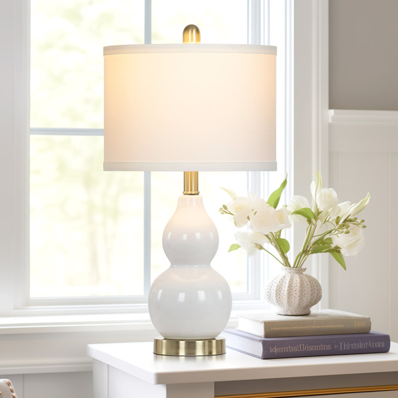 Haahris 22" Ceramic Gourd Bedside Table Lamp Set with Bulbs, White, White