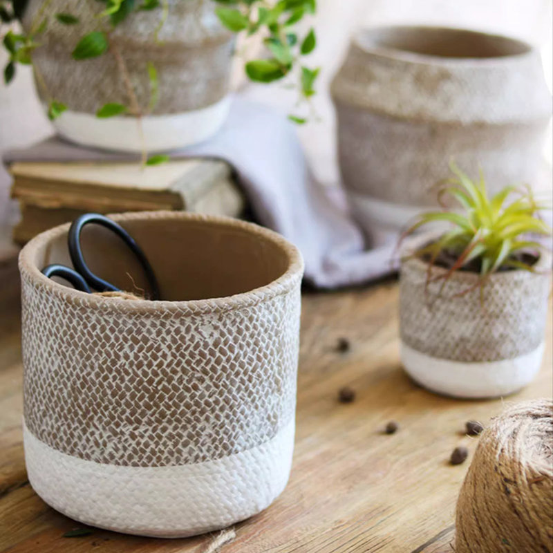 Boho Straw-Look Flower Planter, 3.9" H x 4.3" W x 4.3" D