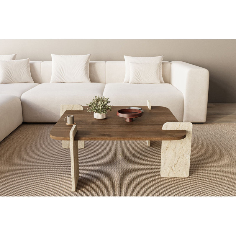 Table basse carrée en travertin et noyer, Beige, Travertin noyer
