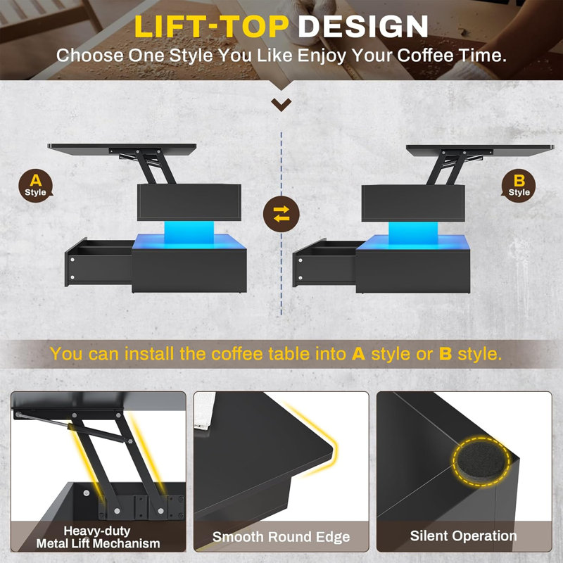 Black Metal Rectangular Lift-Top Coffee Table with Storage and LED Lights
