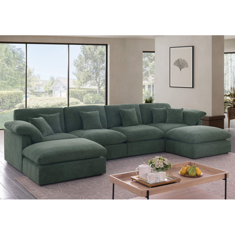 6 - Piece Chenille Sectional, Green Chenille