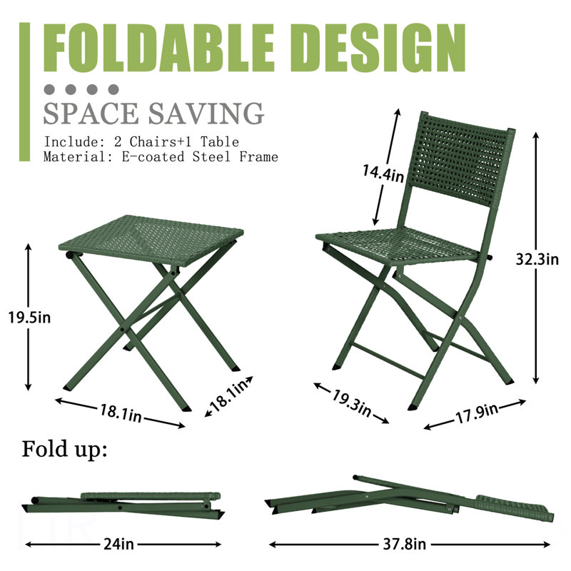 Patio 3 Piece Folding Bistro Set Premium Steel Outdoor Furniture Portable Rust-Resistant Patio Table & Chairs For Balcony Garden Bistro, Chair