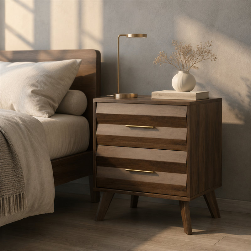 Table de chevet 2 tiroirs avec poignées en métal, armoire de chevet moderne de style Mid-Century, Noyer