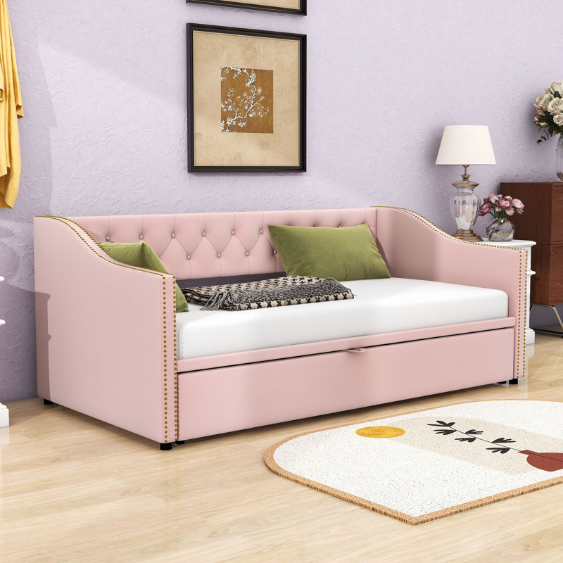 Versatile Twin Velvet Daybed with Twin Trundle, Pink