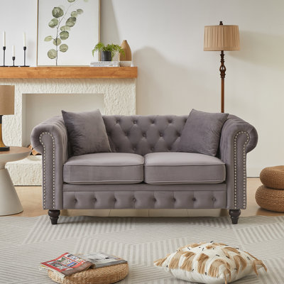 63.5" Modern Design Chesterfield Sofa, Velvet Sofa With 2 Pillows, Upholstered Fabric And Wood Legs by House of Hampton