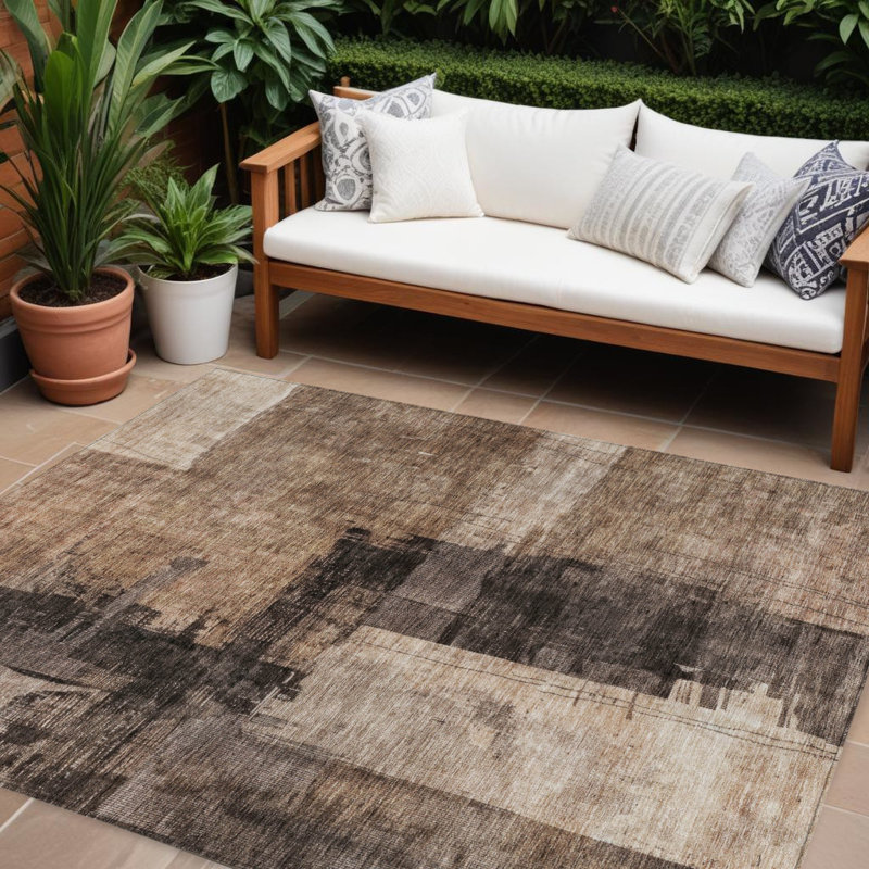 Tapis d'extérieur lavable abstrait brun et noir 10 pi x 14 pi brun