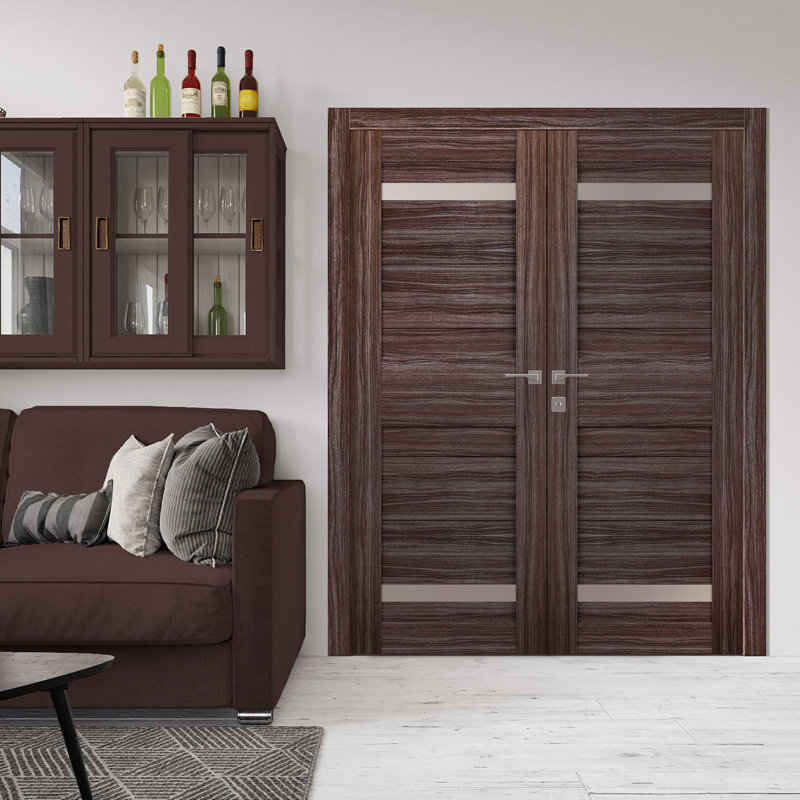 Porte double standard en bois manufacturé et en verre Imma, À gauche, 35,5 po x 83,23 po, Blanc noble
