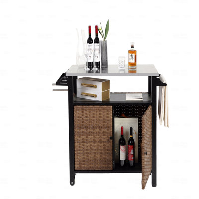 Armoire de rangement pour l'extérieur en osier avec chariot de rangement, roulettes et plateau en acier inoxydable, poignée latérale