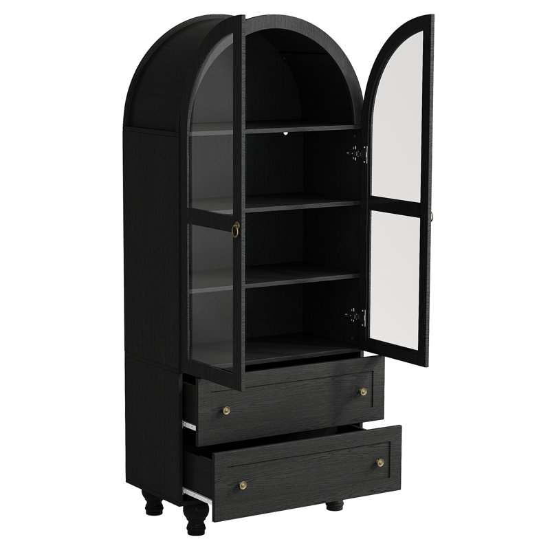 Armoire de rangement 71 po avec bibliothèque, portes en verre trempé et 2 tiroirs 71 po, Gris foncé