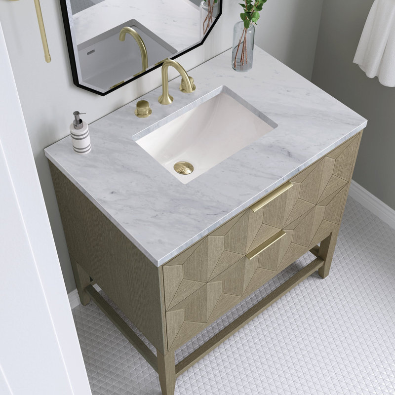 Emmeline 36'' W Single Vanity, Carrara White Marble, 8" Widespread, Pebble Oak