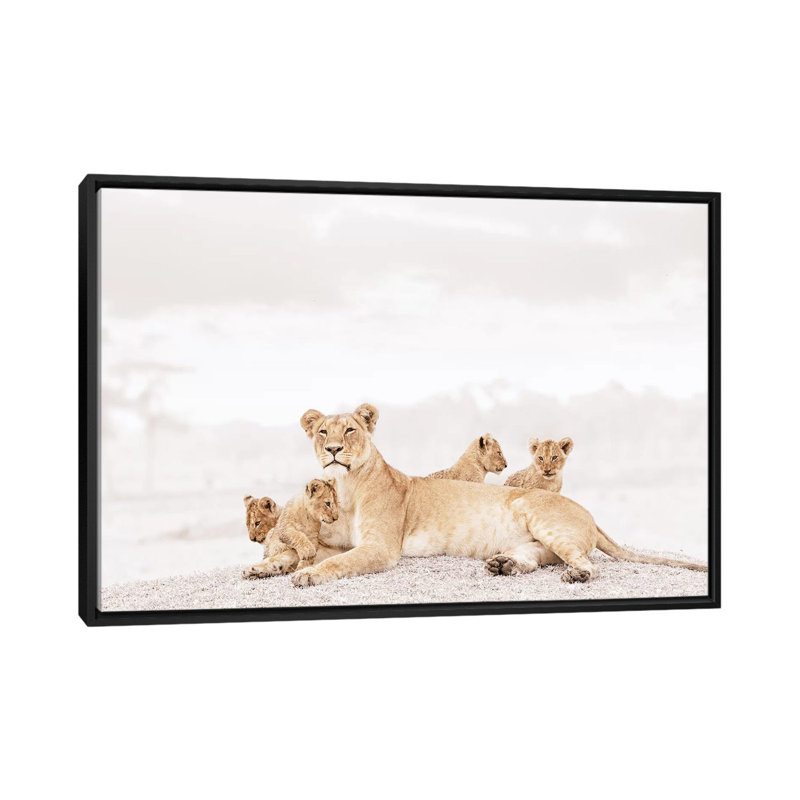 White Lioness & Cubs 1 Piece Wall Art on Canvas, 101.6 cm H x 66.04 cm W, Black Framed
