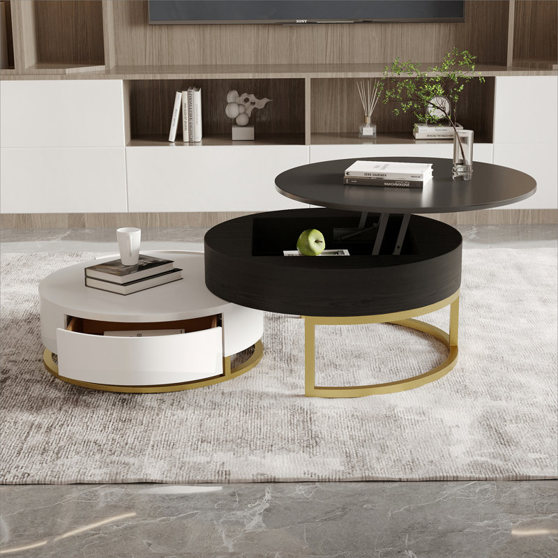 Table basse à plateau rond en bois 31,5 po et 27,56 po blanc-noir, Bois, Noir / blanc
