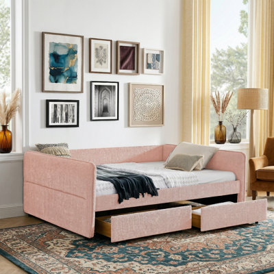 88" Queen Size Upholstered Daybed with 2 Storage Drawers, Luxury Pink Boucle Fabric Sofa Bed with Vertical Tufted Backrest, 500 lbs Capacity