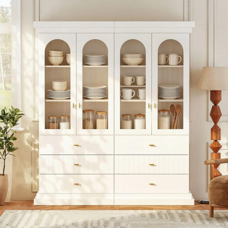 Armoire de cuisine 71 po H 71 po x l 65 po avec porte en verre et tiroirs, conception modulaire moderne pour le salon, blanc
