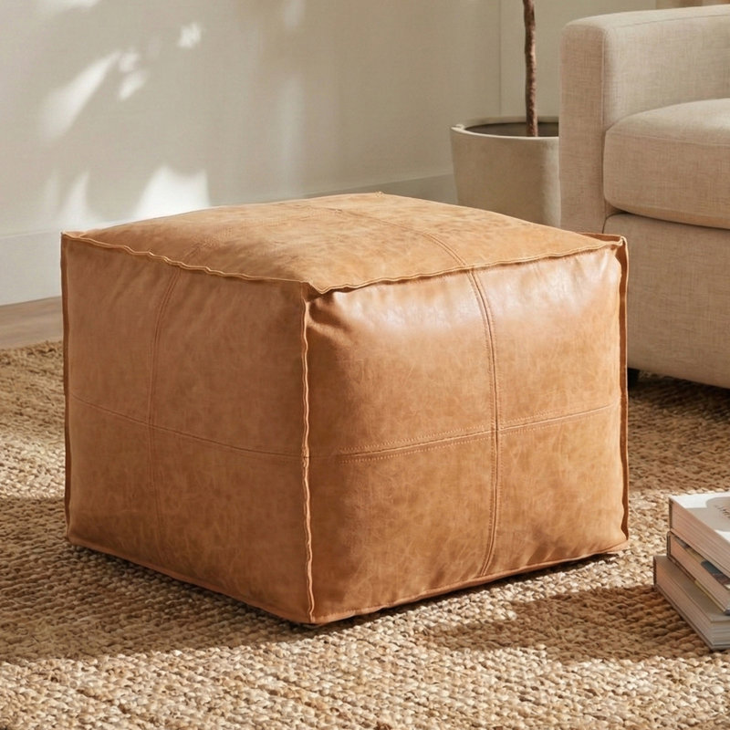 Brody 18" Wide Faux Leather Square Pouf Ottoman, Distressed Brown