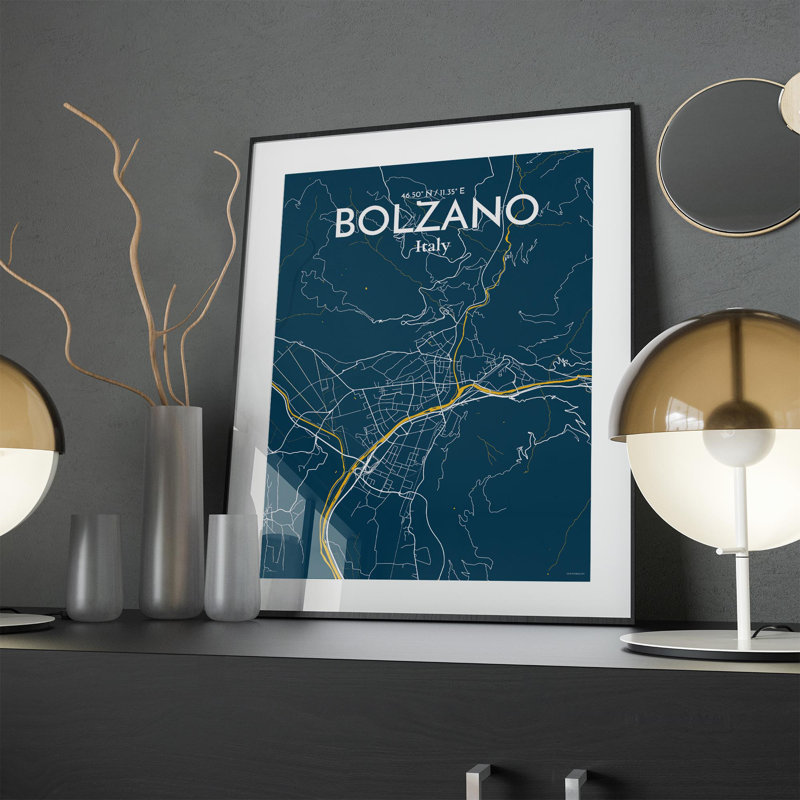 «Bolzano City Map», impression, Bleu / jaune, H 24 po x l 18 po x P 0,05 po