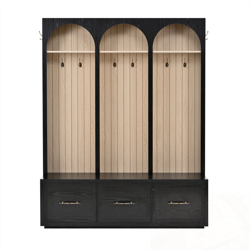 Hall Tree With Arched Design, 8 Hooks And 3 Drawers, Black