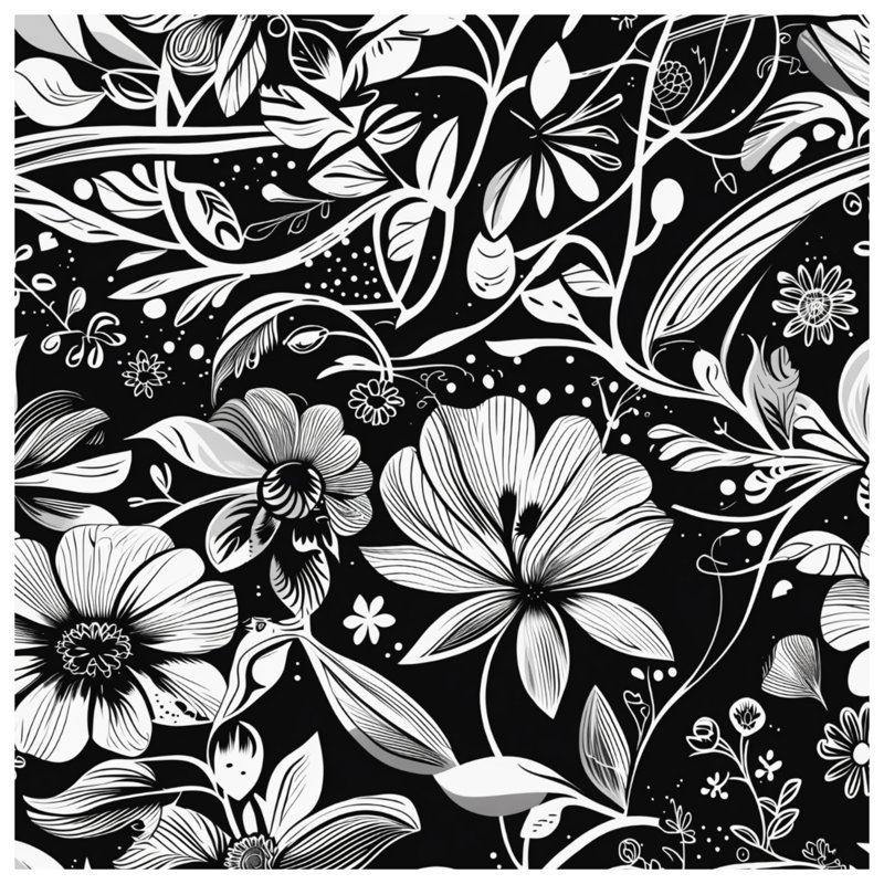 Rideaux de fenêtre noirs et blancs à motif floral, 50 po x 92 po - 1 panneau, Transparent