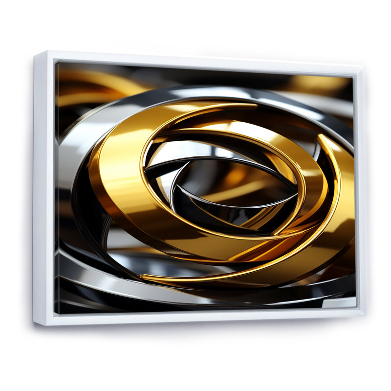 Circular Futuristic Gold And Silver Swirl On Canvas Print, White Floater Framed, 32" H x 24" W x 1" D